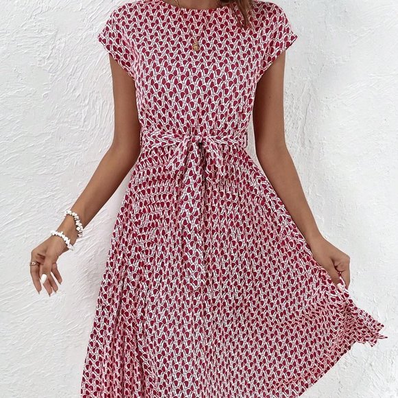 Multicolor Boho Womens Allover Print Batwing Sleeve Belted Dress - Picture 5 of 5